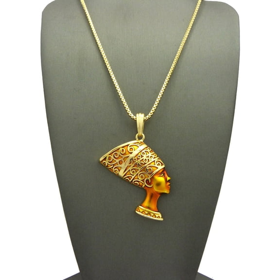 EGYPTIAN GOLD QUEEN NEFERTITI PENDANT & 24" BOX CHAIN HIP HOP NECKLACE