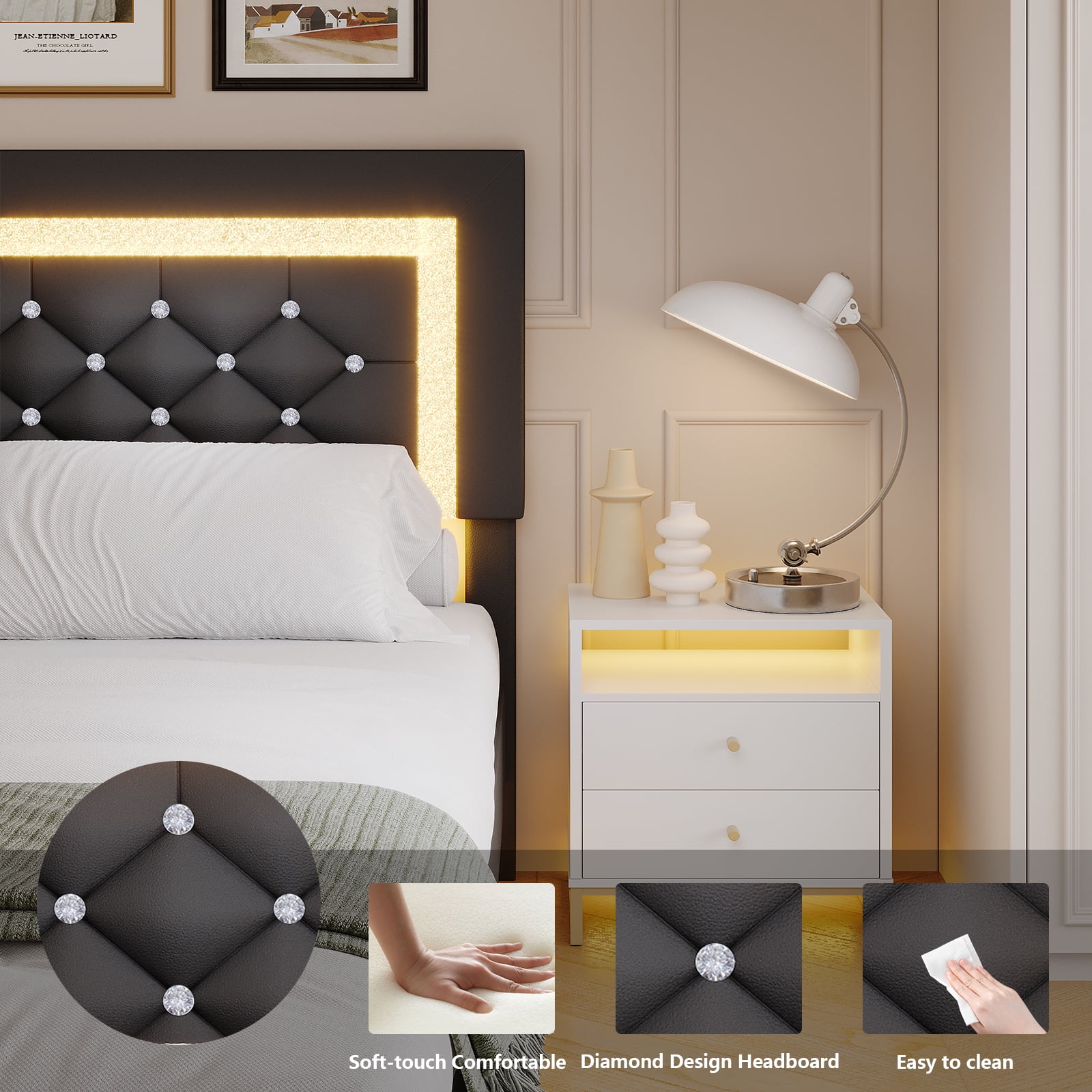 4 EVER WINNER Queen Size Floating Bed Frame with LED Lights, Upholstered Platform Bed Frame with Diamond Tufted Headboard, Black Queen Size Bed Frame, Black