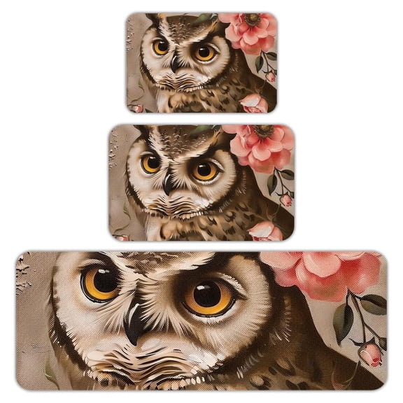 RKSupls Kitchen Rug Set 3 Piece Anti-Slip Flannel Floor Mats, Owl Washable Absorbent Runner Mats for Kitchen Bathroom Home Decor