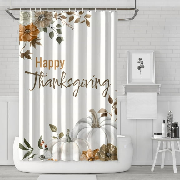 Happy Thanksgiving White Pumpkin Fall Shower Curtain,Washable Bathtub Curtains with Hooks Retro Polyester Fabric Curtains for Thanksgiving Day Fall Party Home Decor