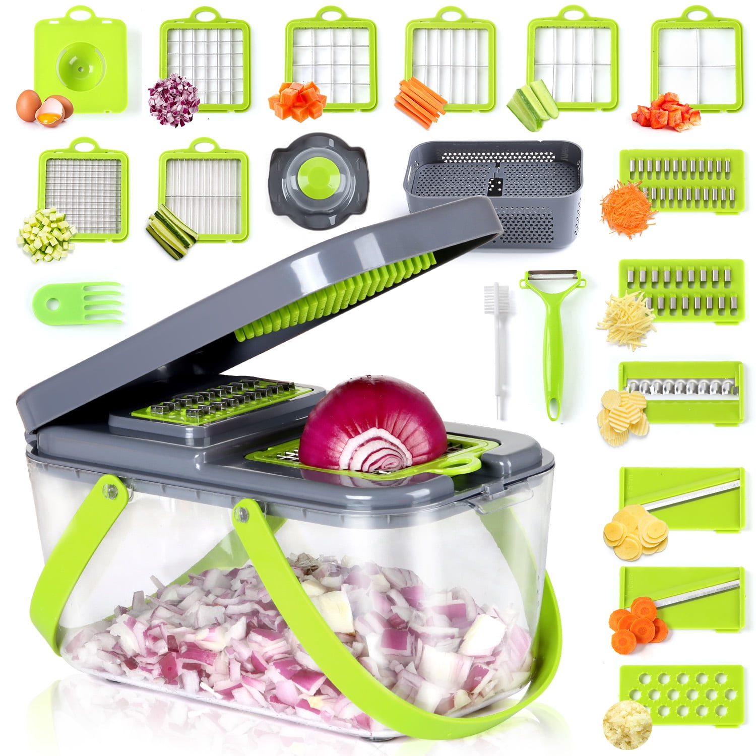 Vesteel 22 in 1 Vegetable Chopper, Multifunctional Onion Chopper Food Cutter Dicer Mandolin Slicer with Container and Colander Drain Basket - 13 Stainless Steel Blades