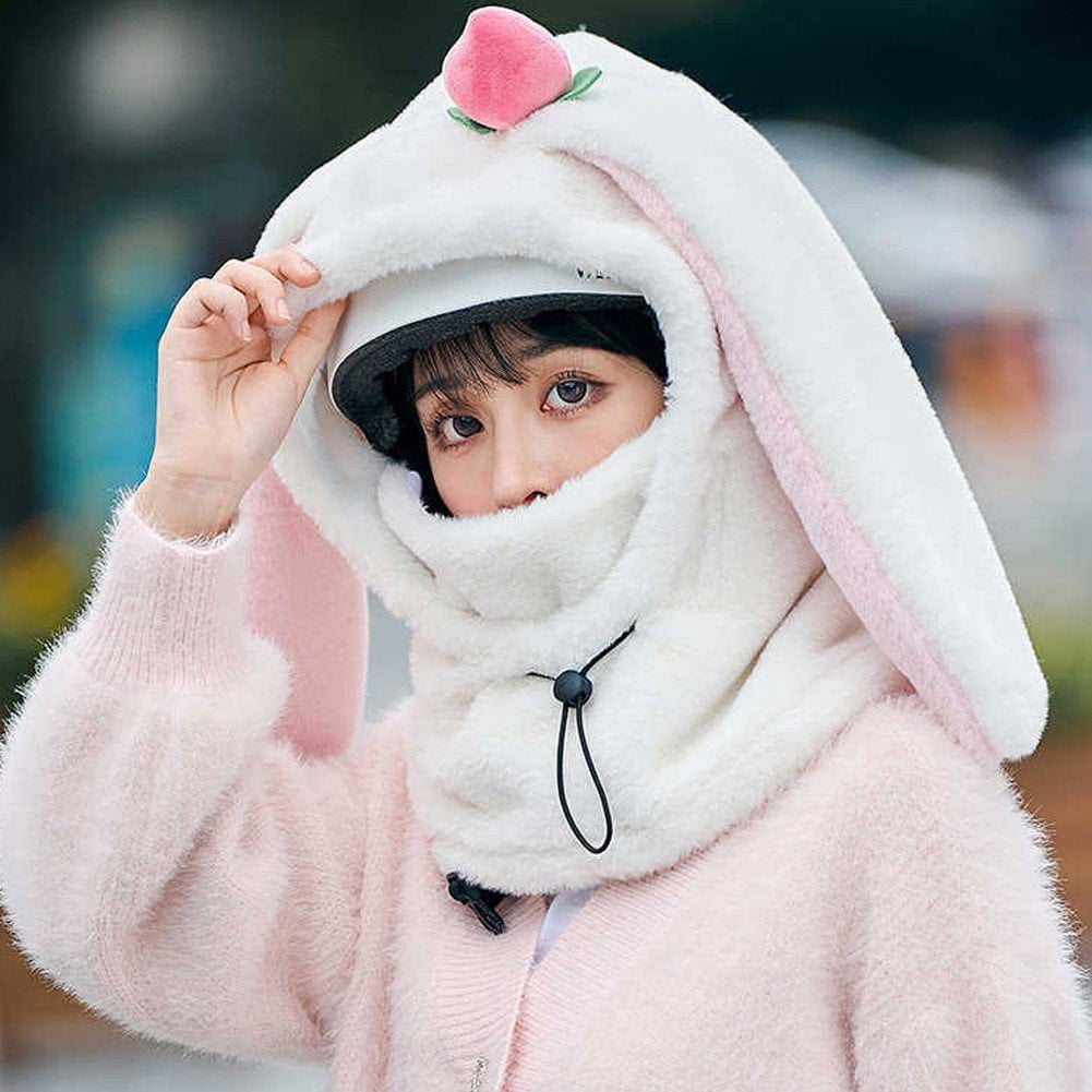 Jiibva Ski Helmet Cover,Cute Bunny Hood Ski Mask for Women and Men,Winter Warm Outdoor Hooded Sports Windproof Mask for Neck,Face