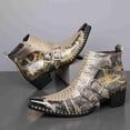 thumbnail image 4 of Men's Python Print Double Buckle Chelsea Boots - Vintage Pointed Toe Ankle Boots with Side Zipper, Comfortable Low Heel, 4 of 6