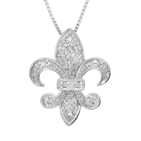 14k Fleur De Lis Sterling Silver 1/10 cttw Natural Round-Cut Diamond (J-K Color, I2-I3 Clarity) Fleur De Lis Pendant 18 ()