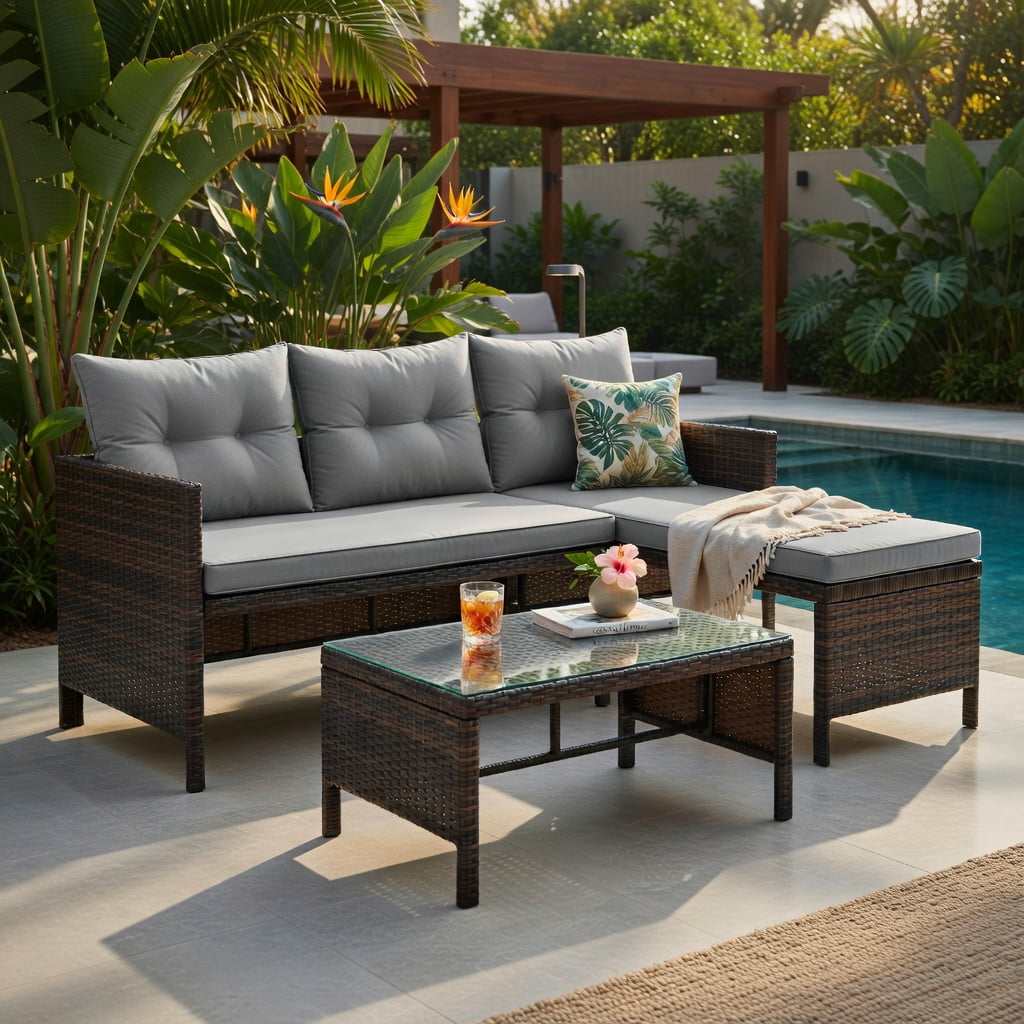 Hommoo 3-Piece Outdoor Wicker Patio Sofa Set with Tempered Glass Coffee Table, L-Shaped Sectional for Backyard, Deck or Balcony, Gray