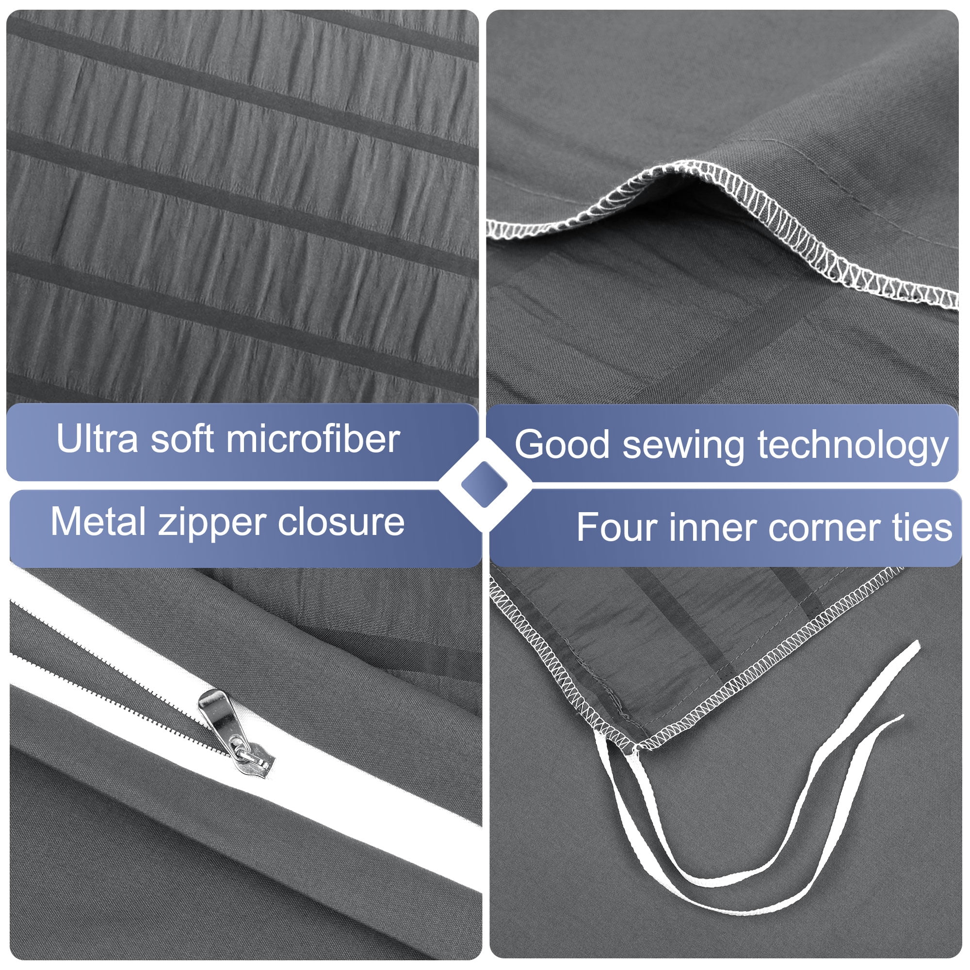 Unique Bargains Microfiber 3 Pieces Seersucker Duvet Cover Set King Dark Grey