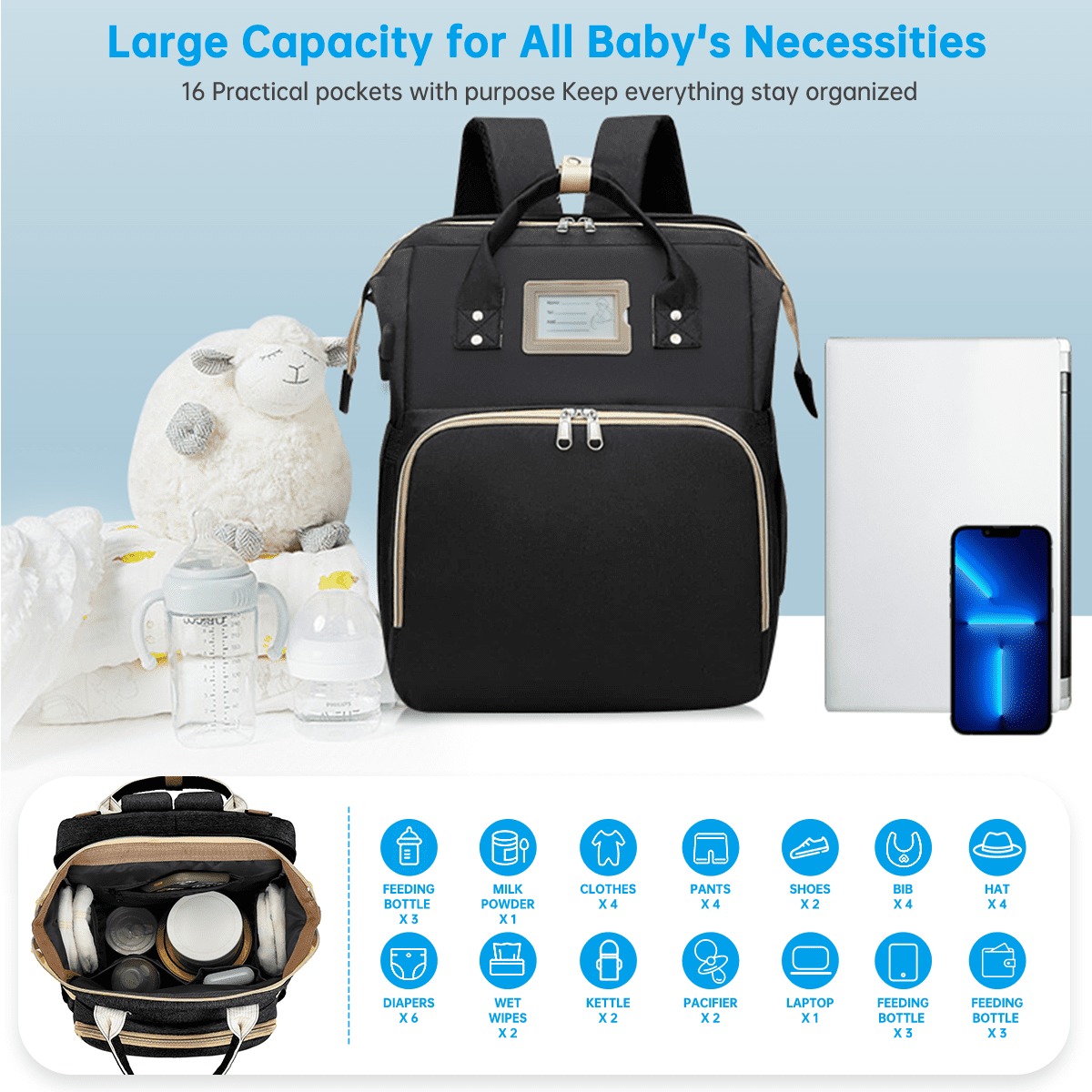 Diaper Bag Backpack, Multifunctional Baby Changing Bag with Foldable Crib & Insulated Milk Bottle Pocket, Large Capacity Travel Backpack with USB Charging Port & Stroller Strap (Black)