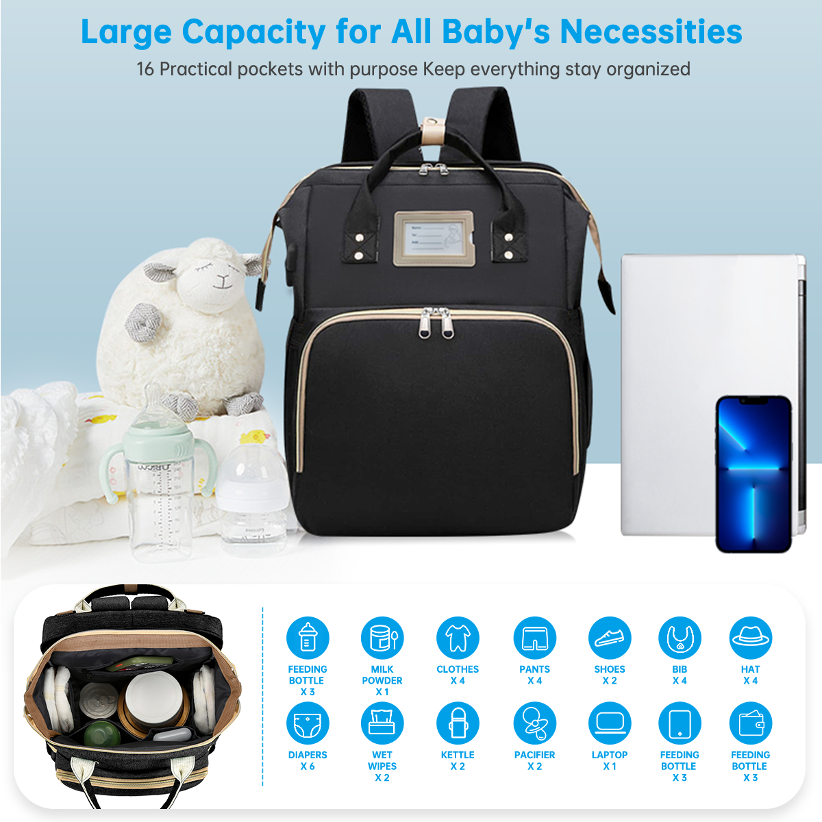 GPED Diaper Bag Backpack with Foldable Crib and Changing Pad photo 2