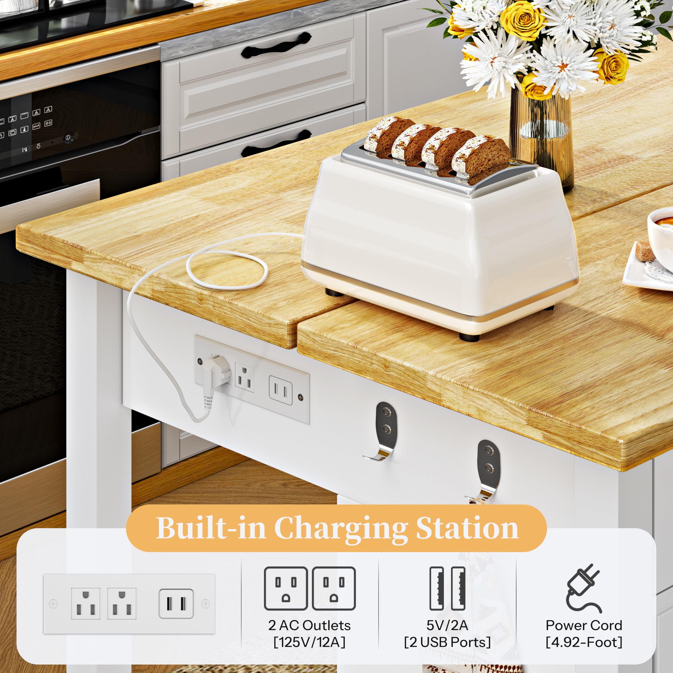 ChicZhiNest Kitchen Island with Seating Include 2 Stools, 47" Solid Rubberwood Dining Table with Power Outlet, 6 Hooks, Kitchen Bar Table Set with 2 Drawers & Open Shelves Storage Cabinet, White