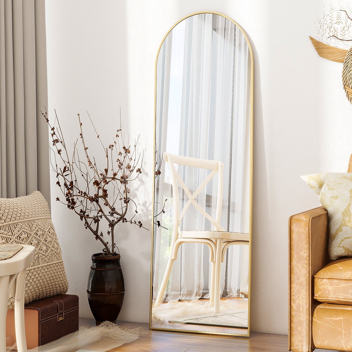 Anyrose 59.1"x16" Arched Full Length Mirror Metal Frame Floor Mirror with Stand, Gold