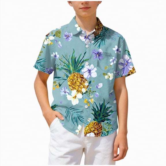 JUMEYU Kids Hawaiian Shirt Boys Short Sleeve Shirt Lightweight Fabric Outdoor Size 9-10 (Dark Green,9-10 Years)