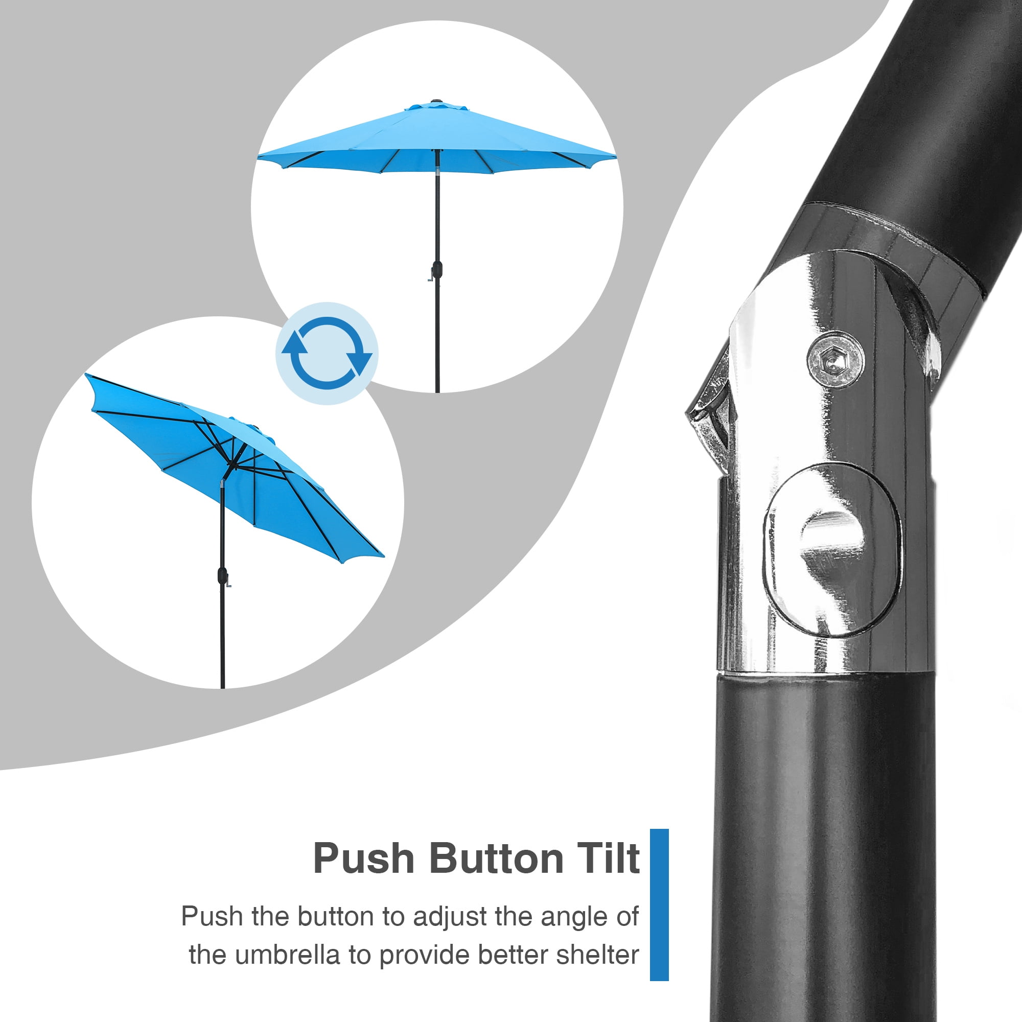 Kool 10FT Outdoor Patio Umbrella with Push Button Tilt and Crank Handle, Market Umbrella with 8 Sturdy Umbrella Ribs, Aqua