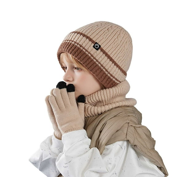Wovix Kids Winter Color Block Hat Gloves Scarf Set For Girls Boys Beanie Hats Gloves Knit Set with Thick Warm Fleece Lined For Ages 6-10 Children Warm Soft For Daily Three Pieces