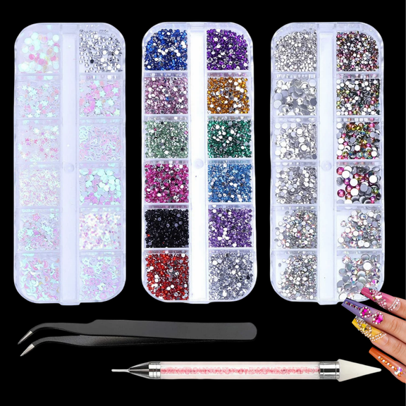 4200pcs Nail Art Rhinestones, SPOKKI Mix Sizes with Tweezers & Pen for Decoration, DIY Crafts
