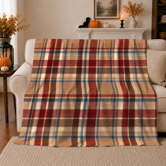 Classic Tartan Plaid Autumn Harvest Living Room, Cozy Artistic Scene, Warm Flannel Blanket for Home Library and Reading Nook, Art Lovers Thanksgiving Gift, Artistic Home Decor