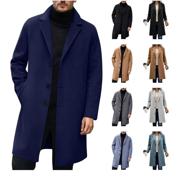 BiZtdJrK Men's Long Sleeve Trench Coat Casual Slim Fit Notched Collar Long Jacket Overcoat Single Breasted Pea Coat wih Pockets, Dark Gray, L