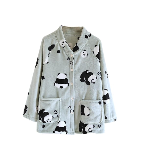 Women's Sleepshirts Flannel Lapel Button Down Long Sleeve Print Pajamas Thicken Warm Soft Fleece Home Wear With Pockets (XL, Green)