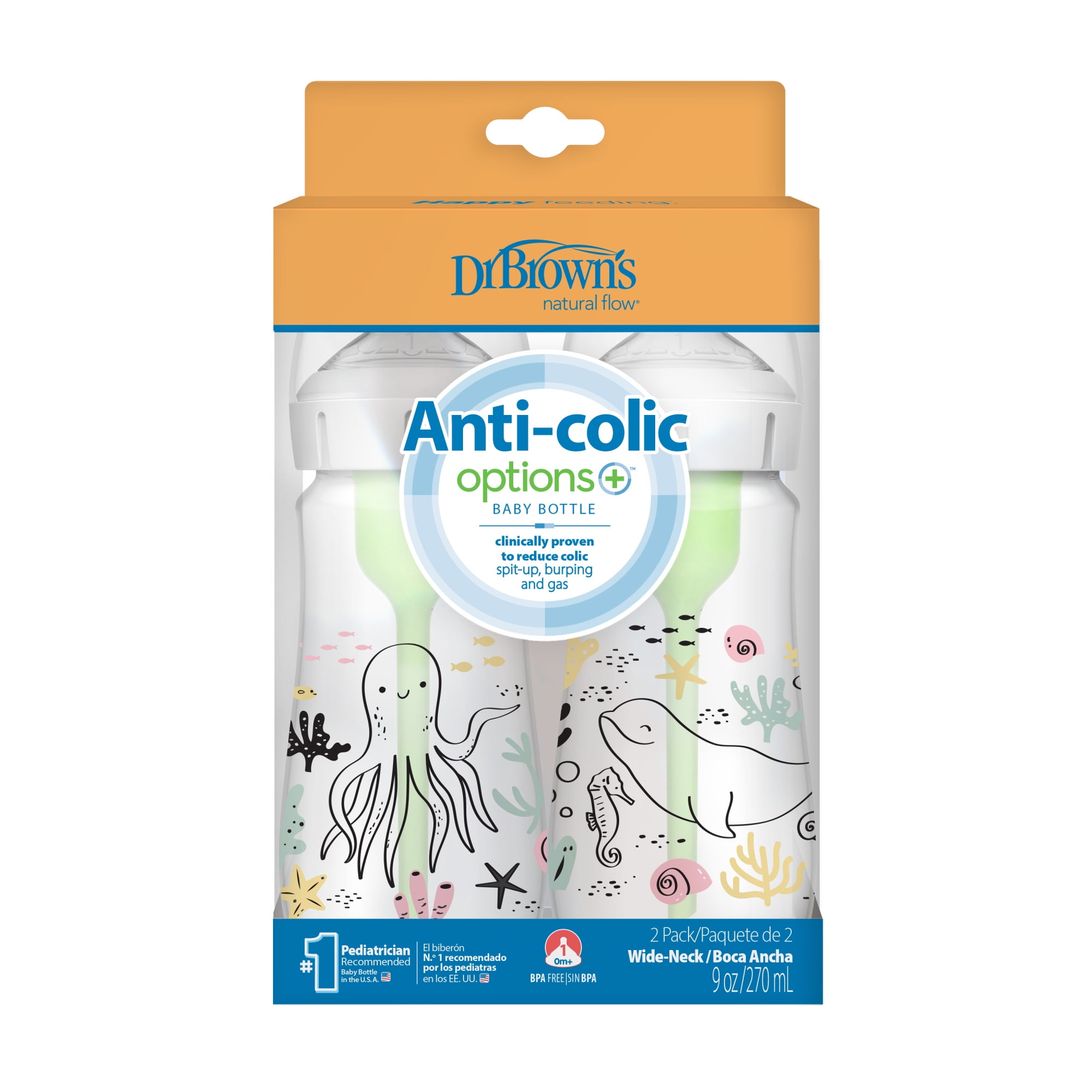 Dr. Brown's Natural Flow Anti-Colic Options+ Wide-Neck Baby Bottle, Ocean Decos, 9oz/270ml, Level 1 Slow Flow, 0m+, 2 Pack
