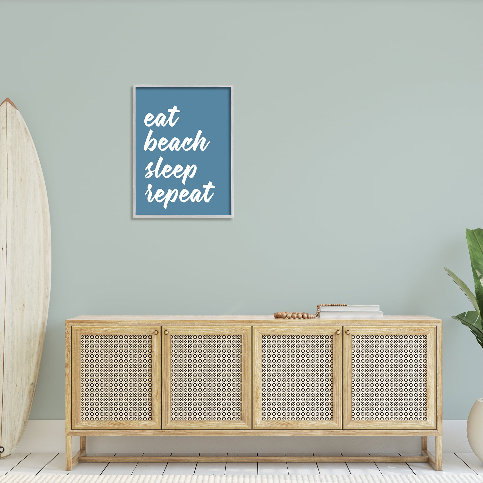 Stupell Industries Eat Beach Sleep Repeat Blue Script Phrase Graphic Art Gray Framed Art Print Wall Art, Design by Lettered and Lined