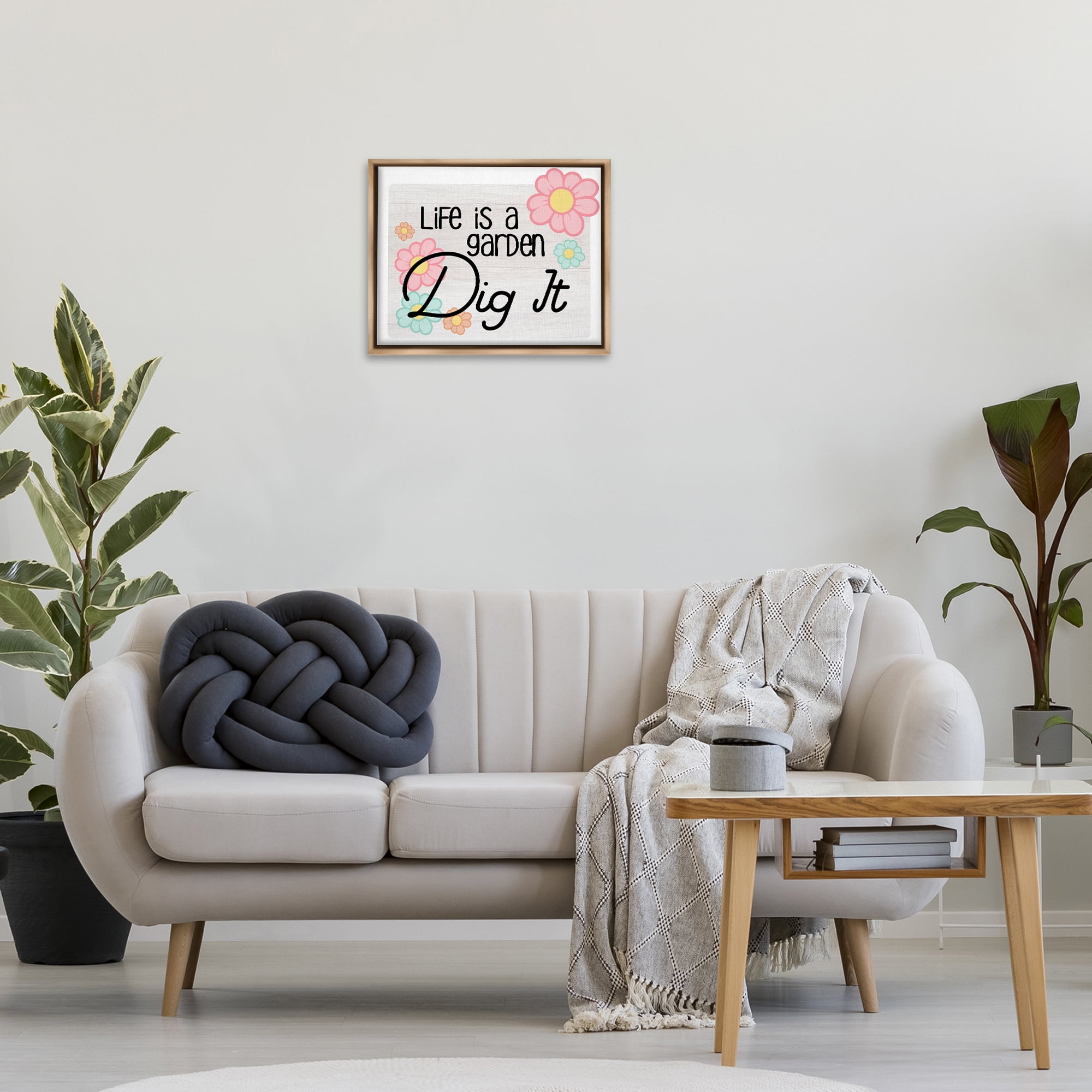 Stupell Industries Life's A Garden Phrase Plants & Flowers Painting Brown Floater Framed Canvas Art Print Wall Art, 21 x 17