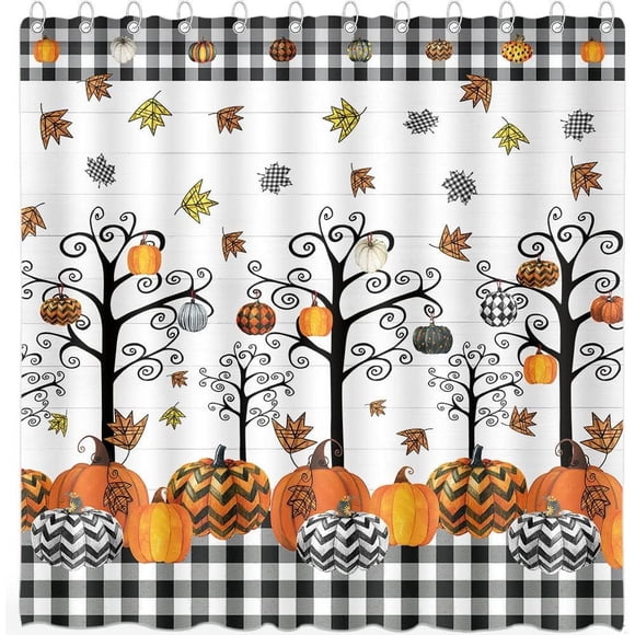 Autumn Pumpkin Shower Curtains for Bathroom Rustic Fall Floral Black and White Buffalo Check Plaid Tree Maple Leaves Farmhouse Wooden Plank Polyester Fabric Decoration with Hooks 72x72 Inch