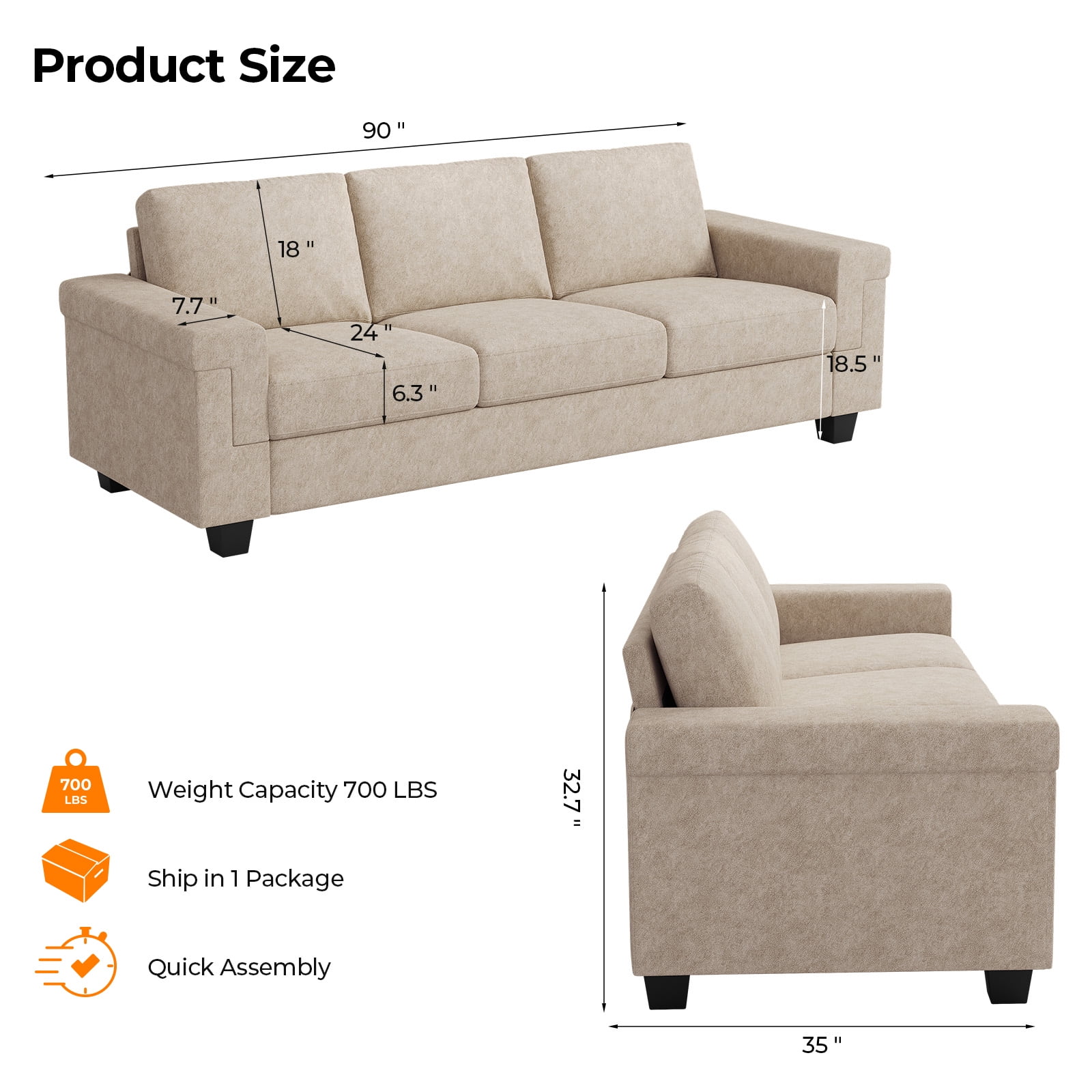 90" Sofa Couch, Modern Upholstered Sofa 3 Seater Sofa For Living Room Apartment Office