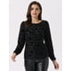 thumbnail image 3 of Blusa de manga abullonada larga de terciopelo Allegra K con estampado de puntos para mujer Negro S, 3 of 5