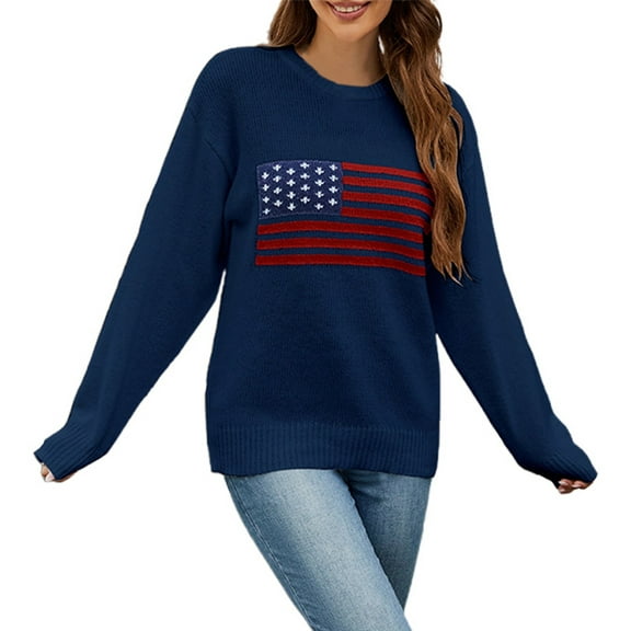 Oversized Sweaters for Women Flag Print Crew Neck Long Sleeve Casual Pullover Fall Winter Knitted Sweaters Fall Sweaters for Women Blue L