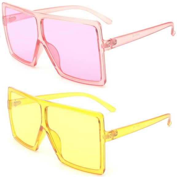 2 Packs Newbee Fashion Square Vintage Oversized Large Frame Fashion Sunglasses for Women, Men, Junior Teen, Rectangle Flat Top Composite Frame, Big Wind Shield Lens, UV 400, Pink & Yellow