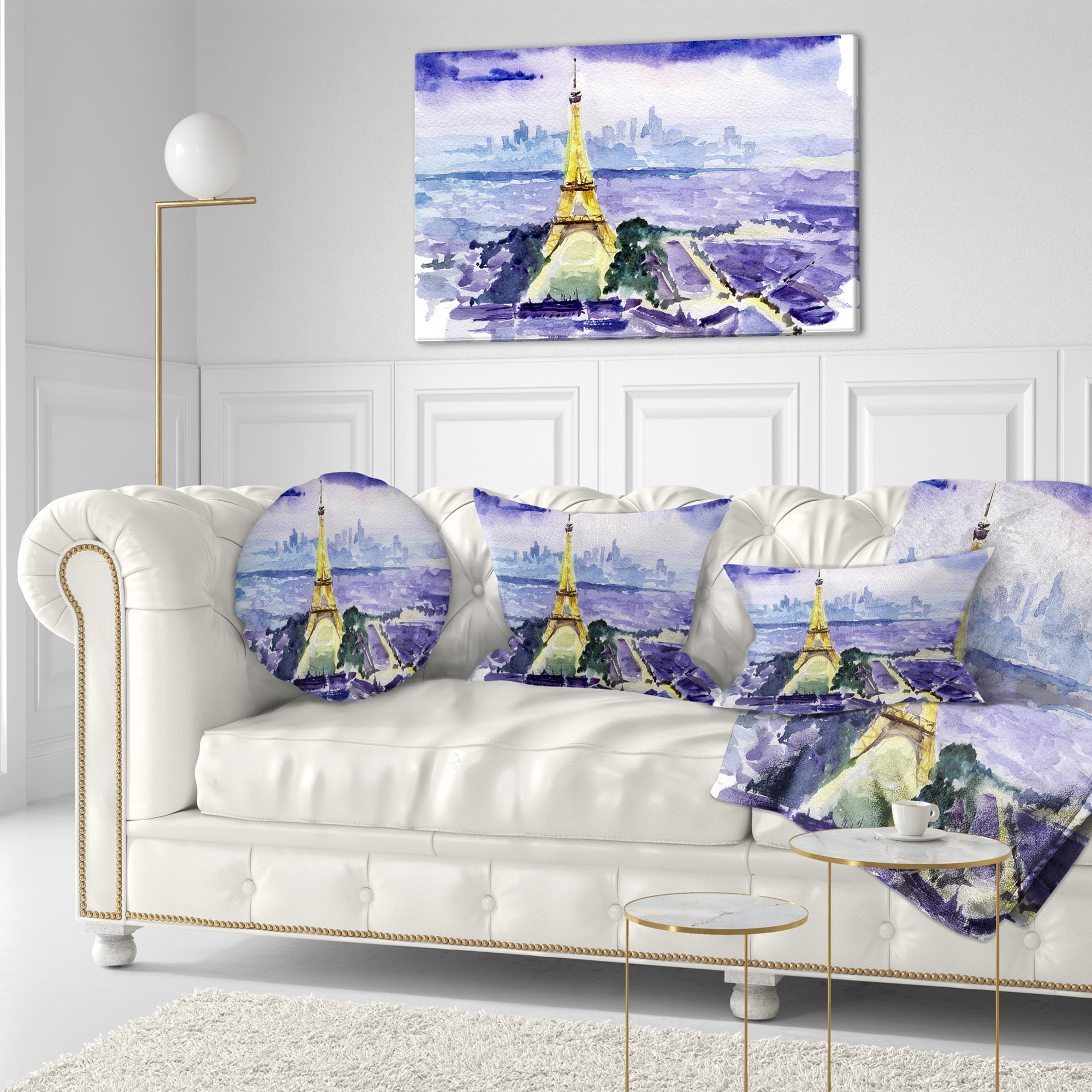 Designart Paris Eiffel Toweron Blue Background - Contemporary Throw Pillow - 12x20