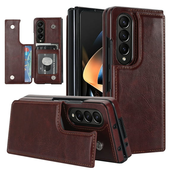 Nalacover for Samsung Galaxy Z Fold4 Kickstand Wallet Case with Card Slots, Luxury PU Leather Shockproof Magnetic Secure Button Folding Phone Case for Samsung Galaxy Z Fold4,Brown