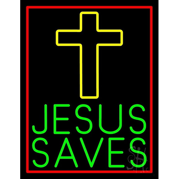 Green Jesus Saves Yellow Cross LED Neon Sign 31" Tall x 24" Wide - inches Black Square Cut Acrylic Backing, with Dimmer - Premium built indoor Sign for Home décor, Religious place, Store interior.