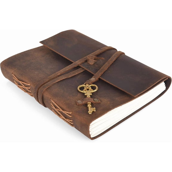 RusticVintage Leather Journal Travel Diary, Handmade Vintage Bound Notebook for Men & Women, Antique Key, Genuine Buffalo Leather- Quality Unlined Cream Paper Notes, Art Sketchbook, 8X6 Inches, Cream