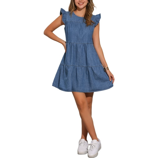 Vestido de mezclilla INSPIRE CHIC para mujer, vestido mini de tirantes en capas, tamaño XL, color azul