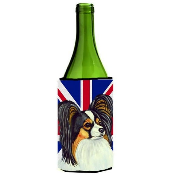 Papillon With English Union Jack British Flag Wine bottle sleeve Hugger - 24 Oz.