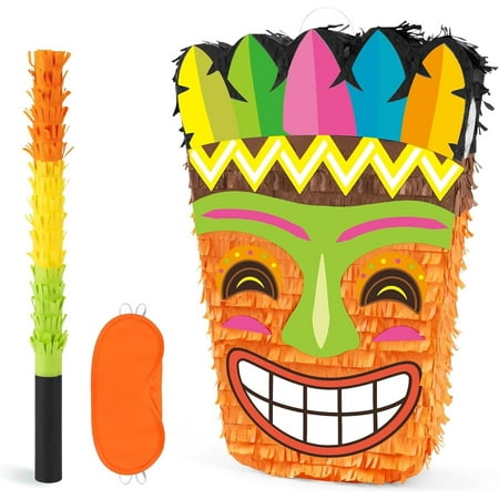 Tiki Piñata -Tropical Hawaii Piñata with Blindfold and Bat for Girls Boys Kids Piñata Hawaiian Luau Themed Party Decorations for Summer Birthday Party Supplies Carnivals Festivals Celebration