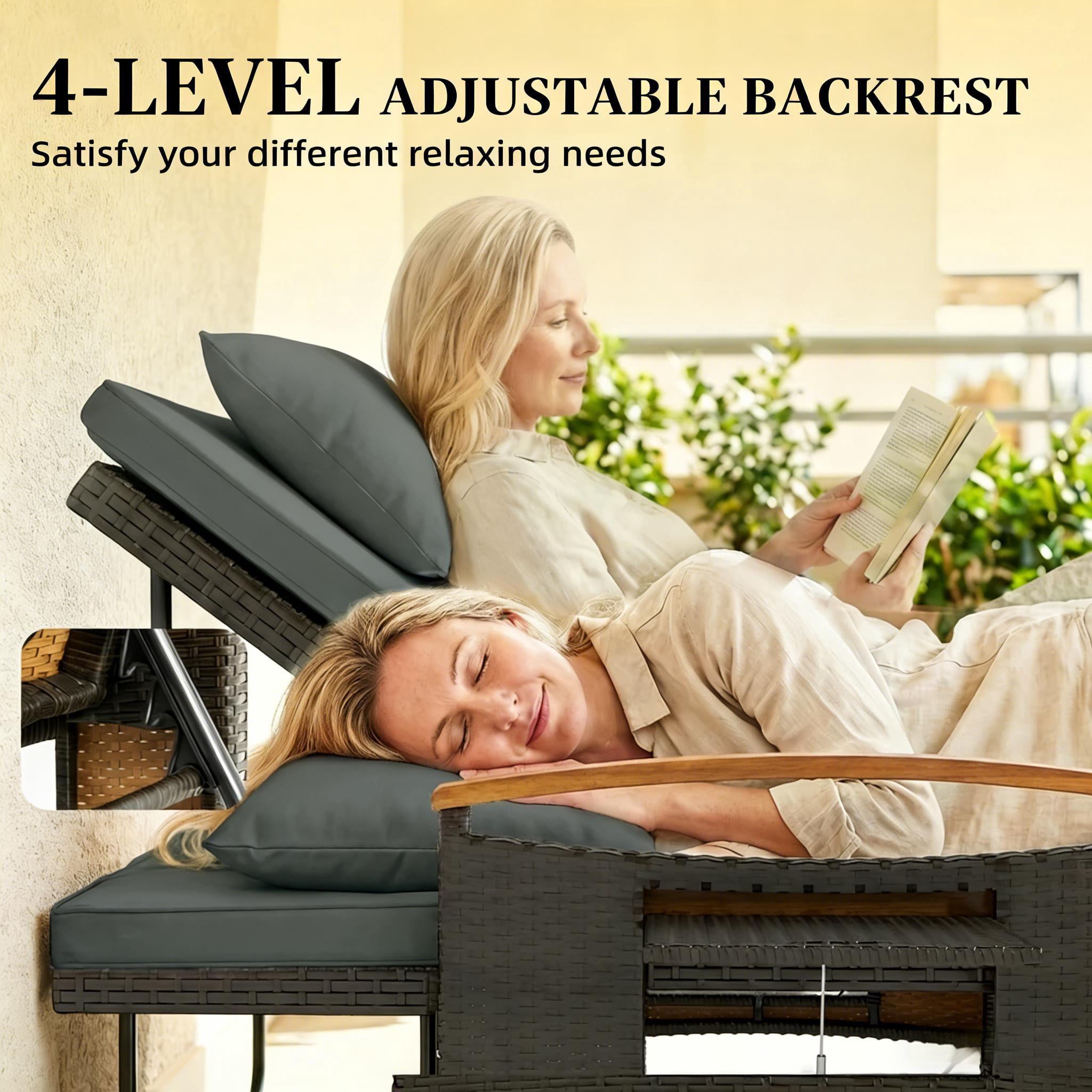4-in-1 Rattan Outdoor Daybed with 4-Level Adjustable Backrest, Storage Ottoman and Side Tables