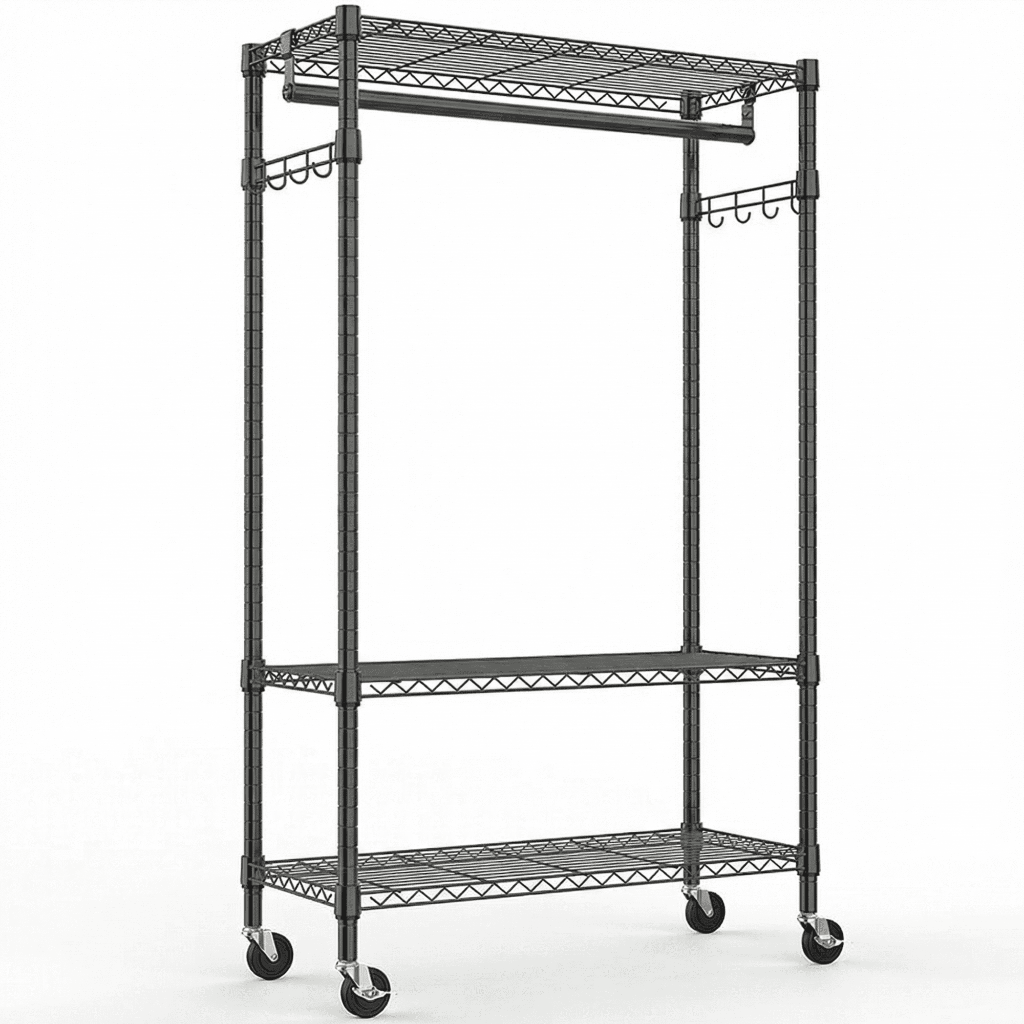 Leumius Heavy Duty Rolling Garment Rack, 3 Tiers Adjustable Wire Shelving Clothes Rack with Rods and Side Hooks,Storage Closet Clothing Rack with Wheels for Laundry Room Bedroom Cloakroom Black
