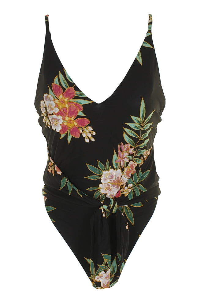 Isabella Rose Isabella Rose Black Multi Tropical Print Sash Tie OnePiece Swimsuit M Walmart