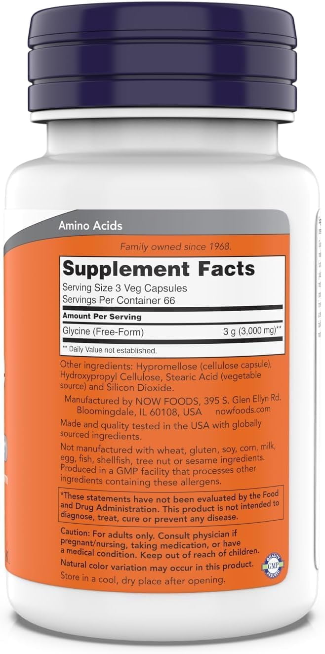 NOW Foods Glycine 1000mg, Free-Form Pharmaceutical Grade, Neurotransmitter Support*, Promotes restful Sleep*, Gluten Free, Vegan, Kosher 200 Vegetarian Capsules (Pack of 2)