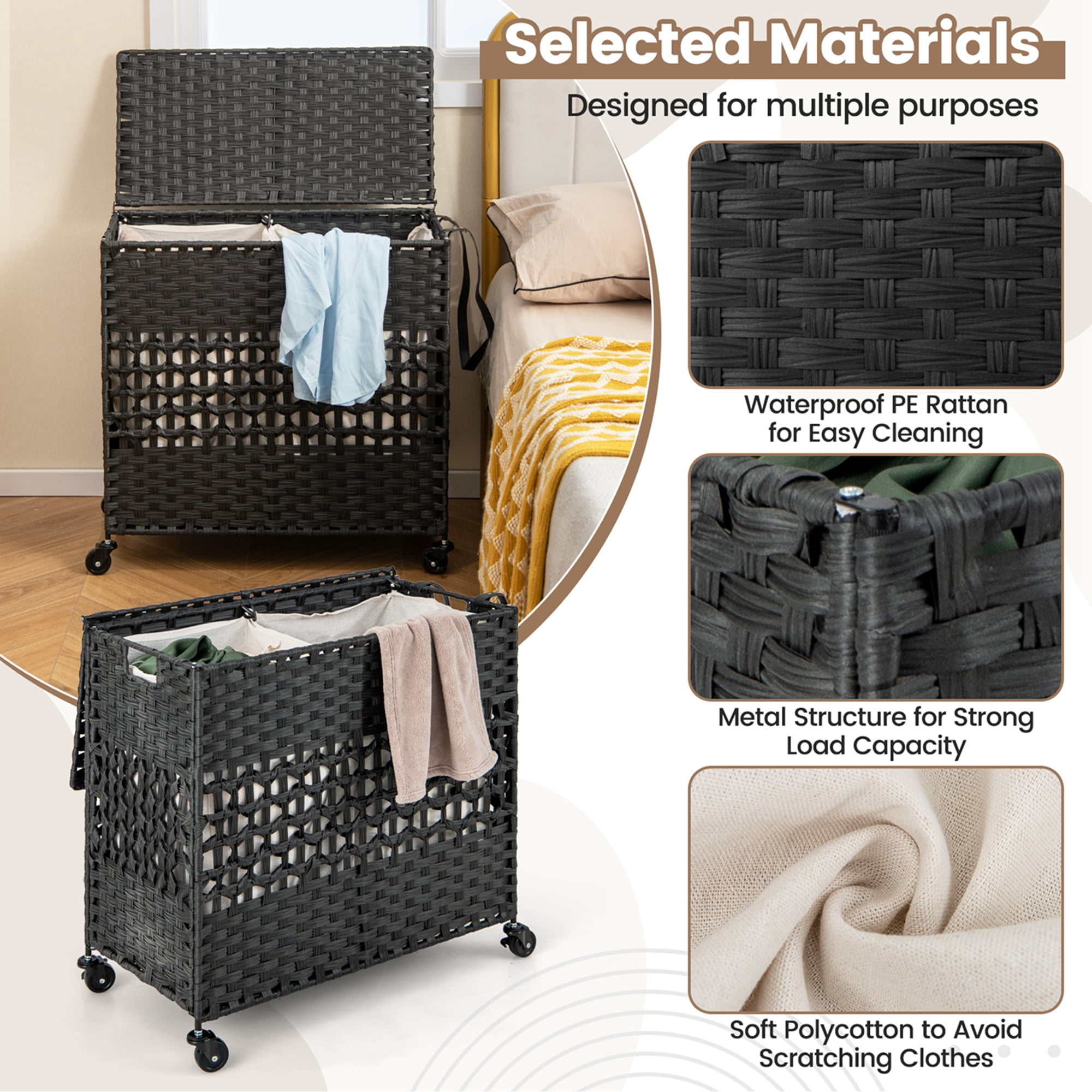 Costway 110L Laundry Hamper with Wheels Clothes Basket Lid & Handle & 2 Liner Bags Black