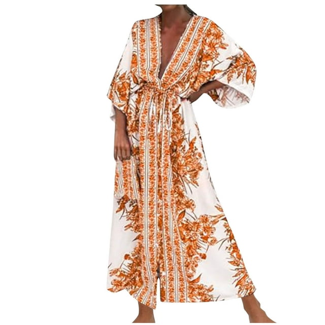 Birdeem Robe Longue d'Été pour Femmes Mode Imprimée Manches Longues Col en V Robe à Manches Longues pour Femmes