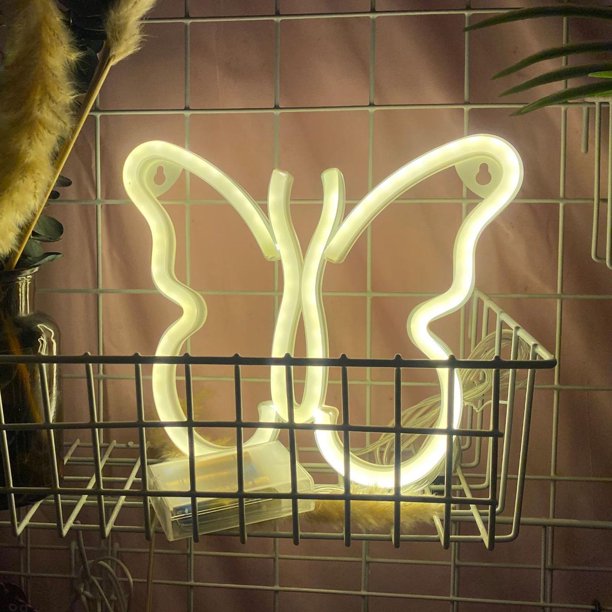Señales de lámpara de neón de mariposa, luces de neón LED de pared, luces de noche, lámparas de operación USB decorativas, señales de neón, luces de neón Luz blanca cálida