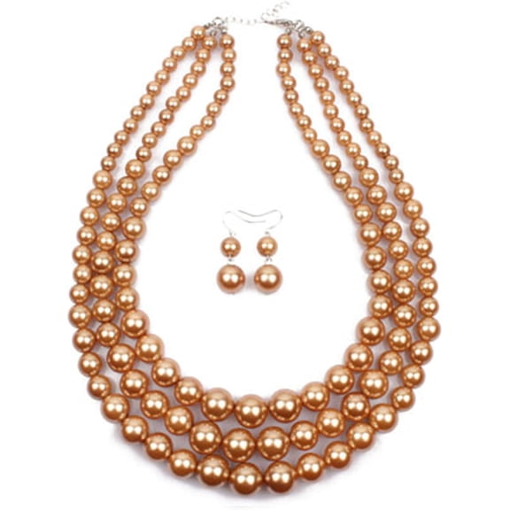 Faux Pearl Necklace and Earring Set for Women, 3 Layer Chunky Jewelry Set with Matching Earrings, Statement Accessories for Weddings, Parties and Dressy Outfits