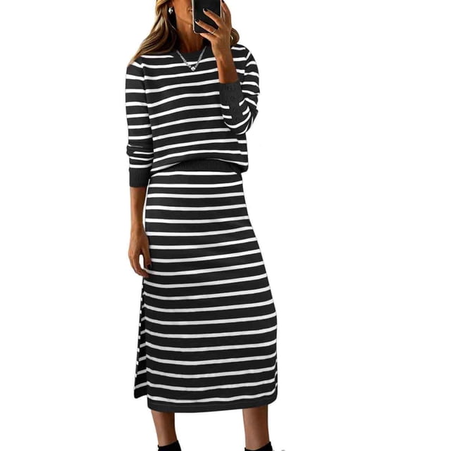 Cozy Stretch Women's Striped Sweater Set Casual Fall Long Sleeve Midi Skirts