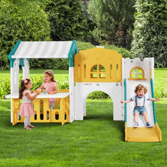JOYLDIAS 9 IN 1 Toddler Slide Kid Climber Slide Playset Playhouse with Basketball Hoop Indoor Outdoor Backyard Playground Toy (Green, Yellow)