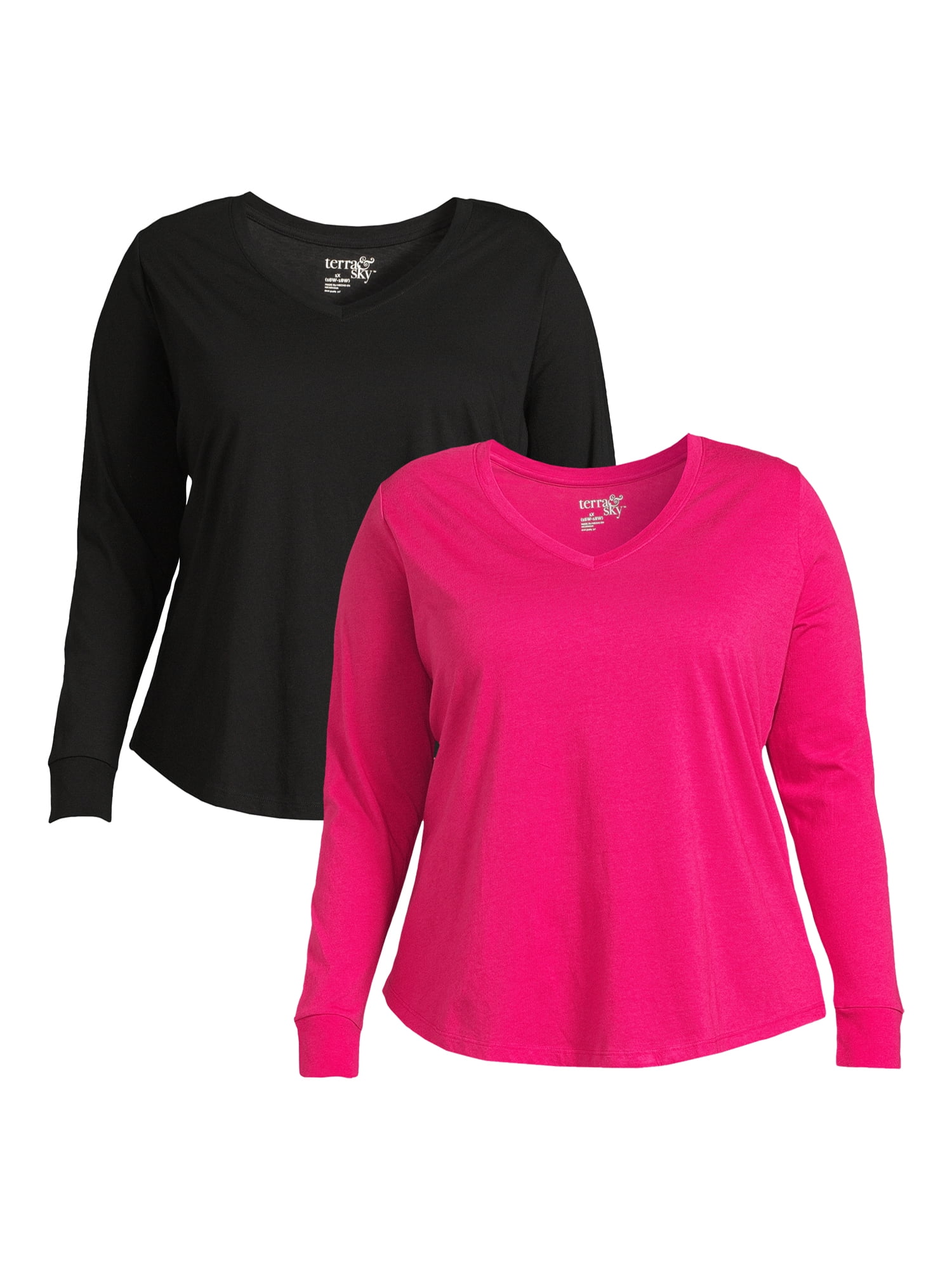 Terra & Sky Women's Plus Size Long Sleeve V-Neck T-Shirt, 2-Pack ...