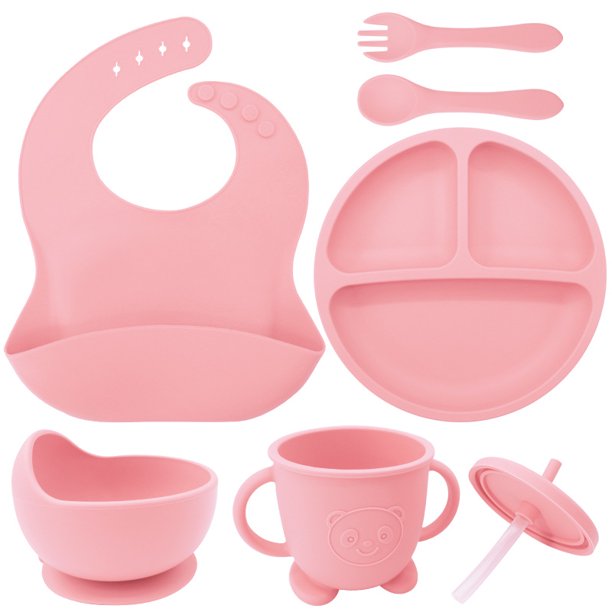 Babero de silicona para madres e hijos Plato de silicona para la cena Juego de ocho piezas Plato de succión para entrenamiento complementario de alimentos para bebés Juego de vajilla separada para