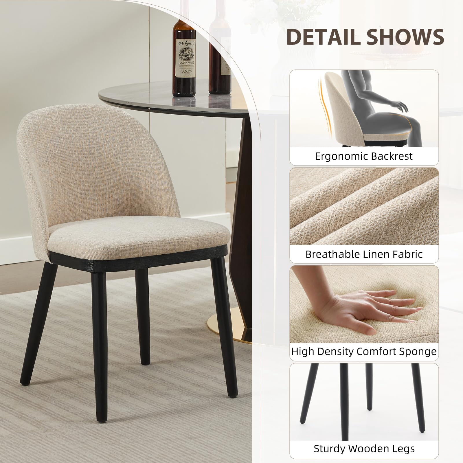 COZONY Set of 6 Upholstered Dining Chairs, Modern Farmhouse Side Chairs with Padded Seat and Wood Legs, Open Back Design,Beige