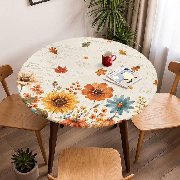Round Fitted Tablecloth with Elastic Edge, Autumn Flower Maple Leaves Burnt Orange Waterproof Oil-Proof Table Cover, Thanksgiving Pumpkin Circle Table Cloth for Indoor Outdoor Picnic Party 36"x44"